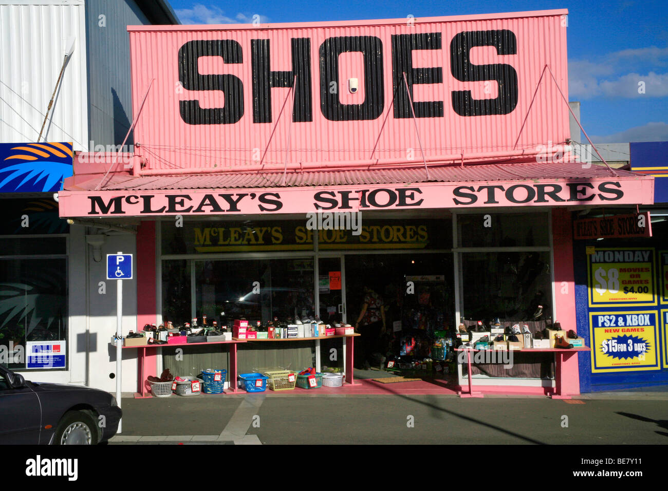Shoe store, Waihi on State highway Two, North Island, New Zealand. Waihi is the site of the Big Martha gold mine. Stock Photo