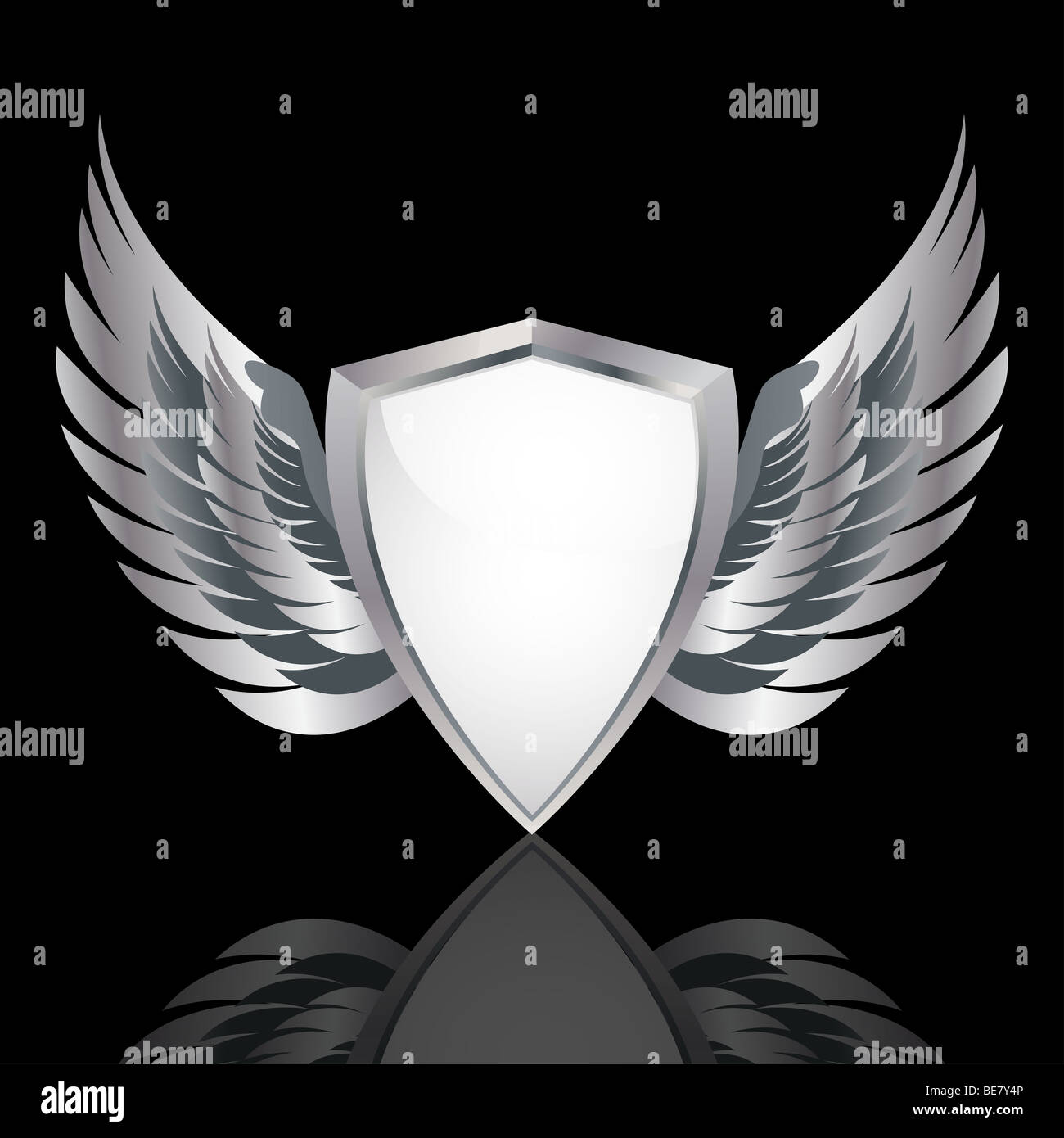 glossy silver shield and wings reflected on a black surface Stock Photo