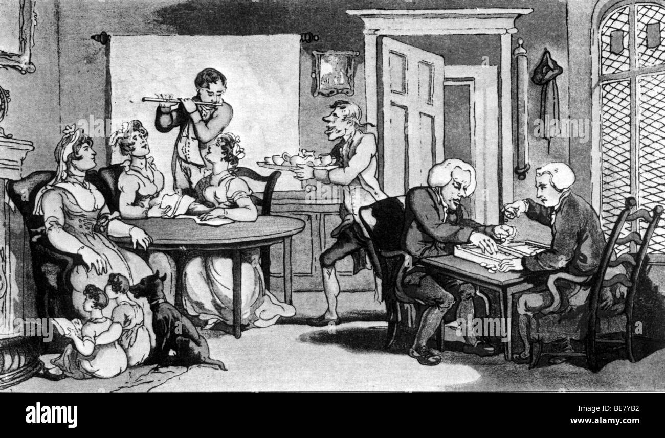 THE VICAR OF WAKEFIELD - illustration of a social evening by Rowlandson for the 1776 first edition of novel by Oliver Goldsmith Stock Photo