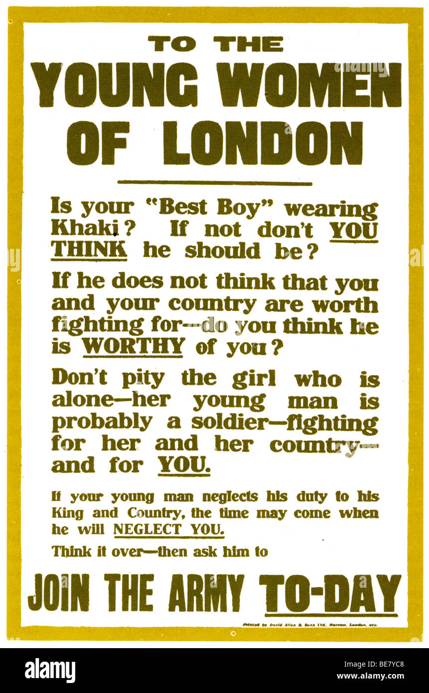 FIRST WORLD WAR - British recruiting poster attempts to almost blackmail women into urging their men to join up Stock Photo