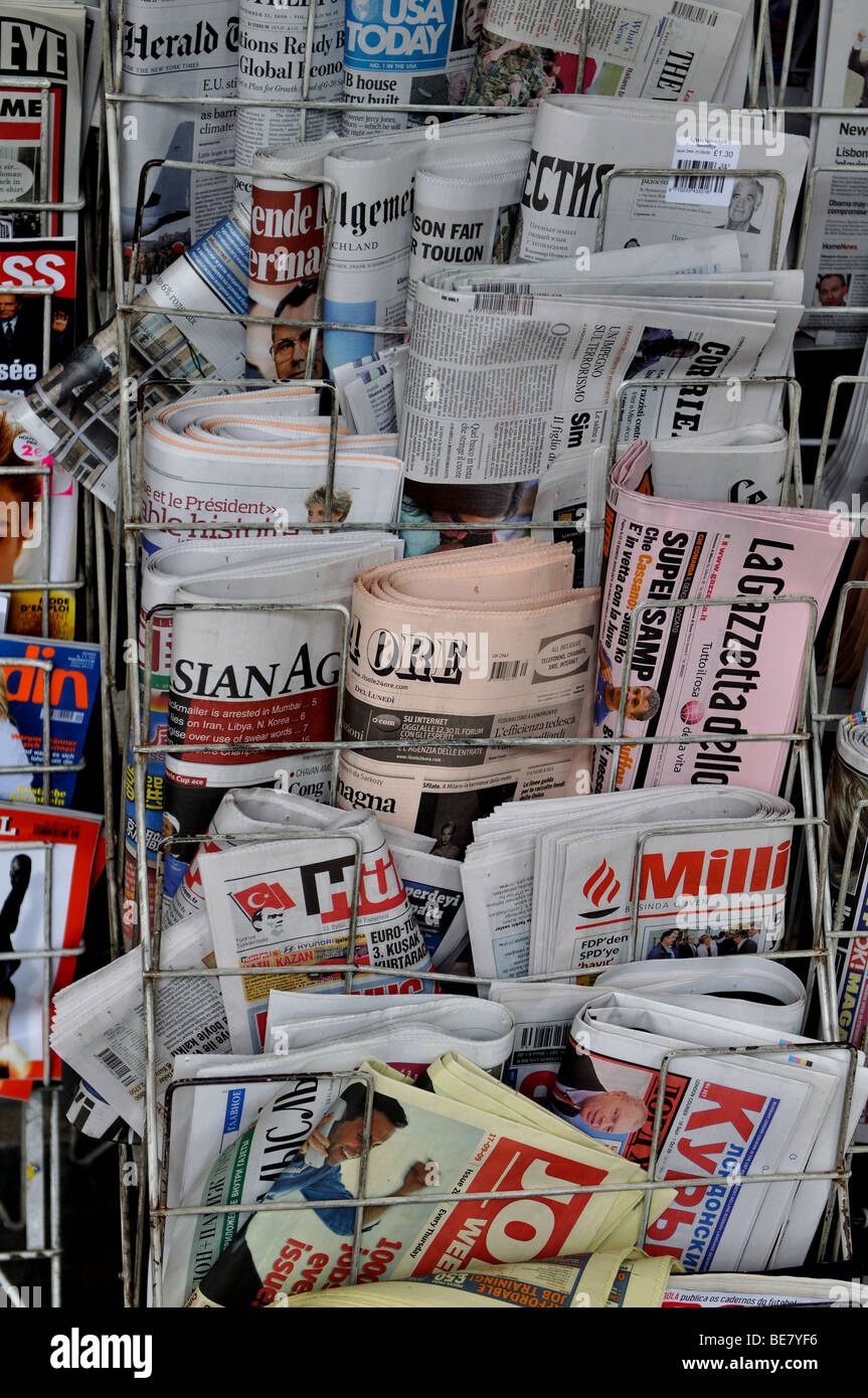 Foreign newspapers on sale, London, England, UK Stock Photo