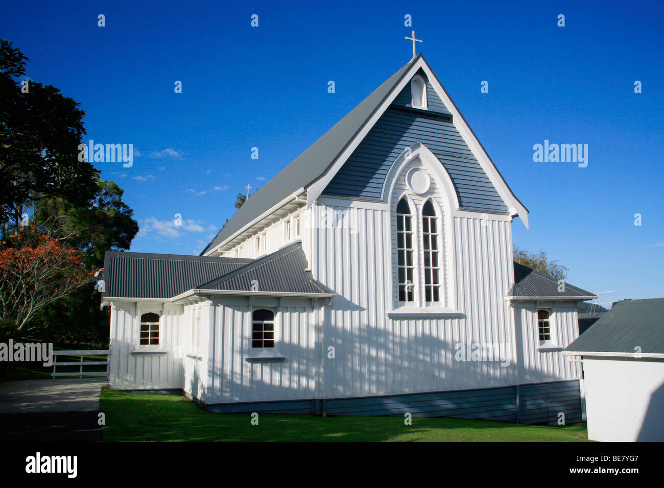St John's Anglican Church, Waihi, on State Highway Two, North Island, New Zealand. Waihi is the site of the Big Martha gold mine. Stock Photo