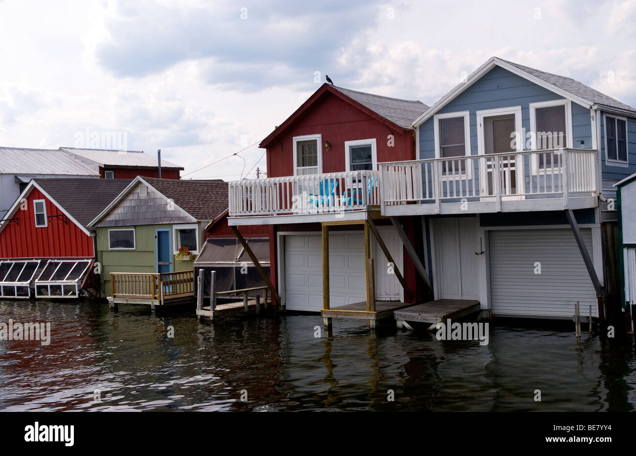 Original old boat houses in Canandaigua Lakes near Rochester New York