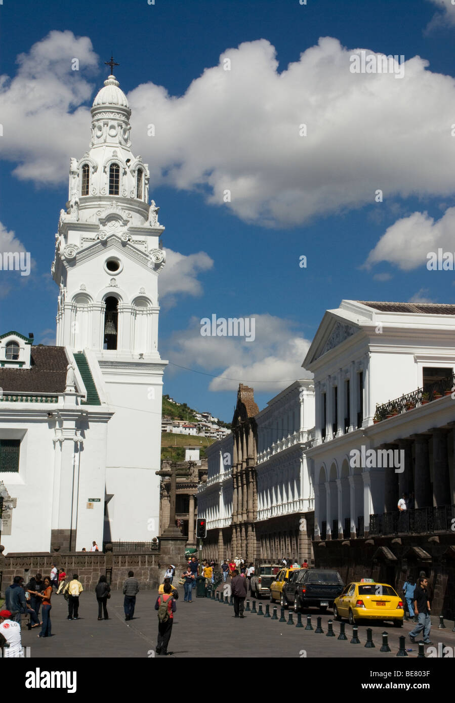 Ecuador. Quito. Historical Center. Square of Independence or Grande and the Church of El Sagrario,Presidential Palace and the Me Stock Photo
