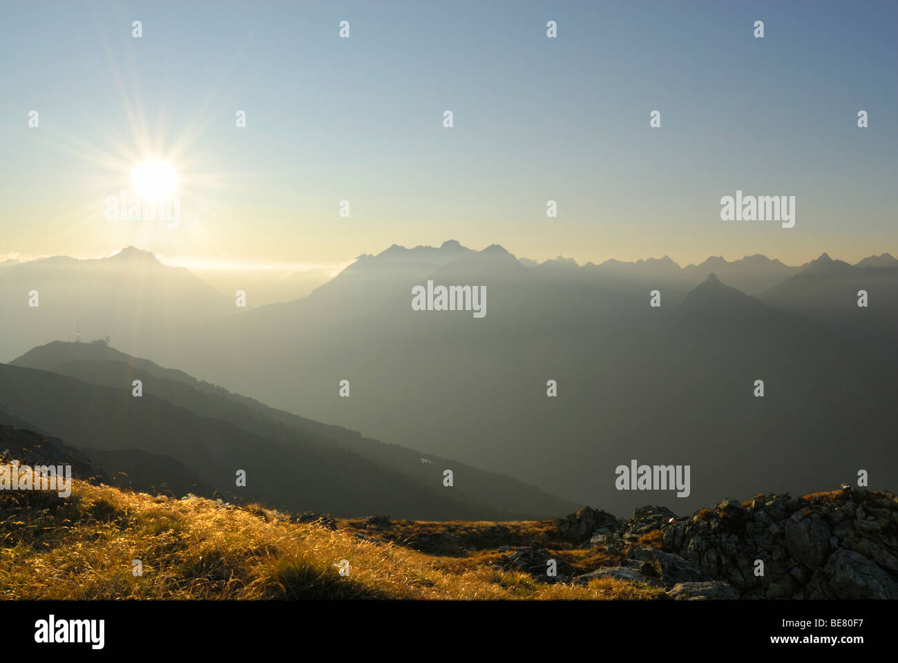 View from Glanderspitze to Krahberg and Lechtaler Alpen range, Venet, Oetztaler Alpen range, Tyrol, Austria Stock Photo
