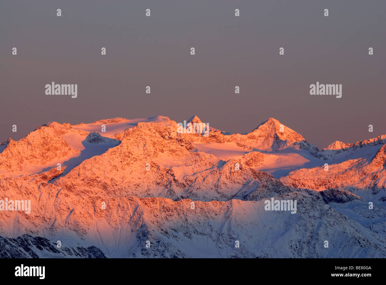Sonklarspitze, Zuckerhuetl and Wilder Pfaff in alpenglow, view from the south, Stubaier Alpen range, Stubai range, South Tyrol, Stock Photo