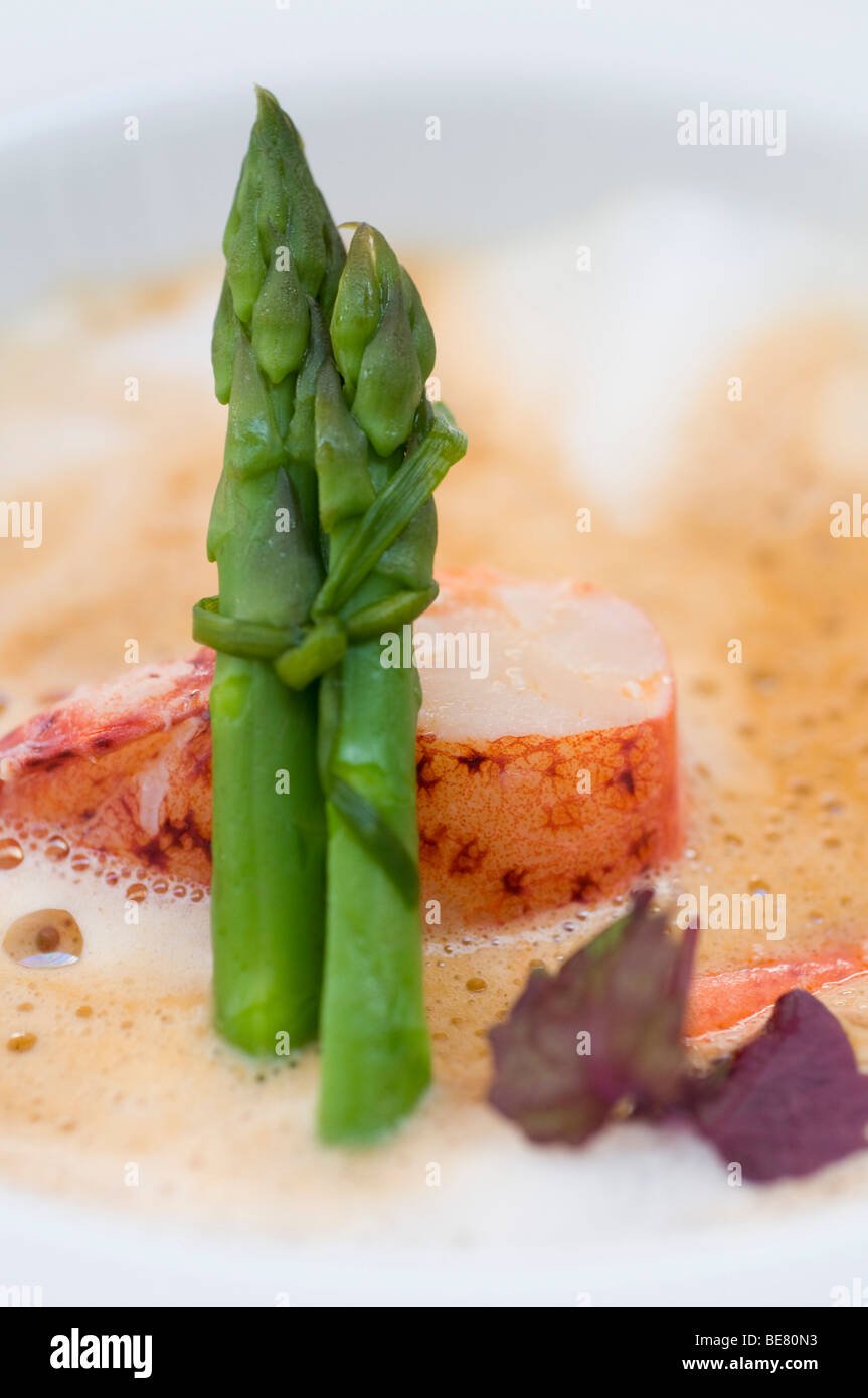 Lobster dish with green asparagus, Restaurant Villino, Lindau, Lake Constance, Germany Stock Photo