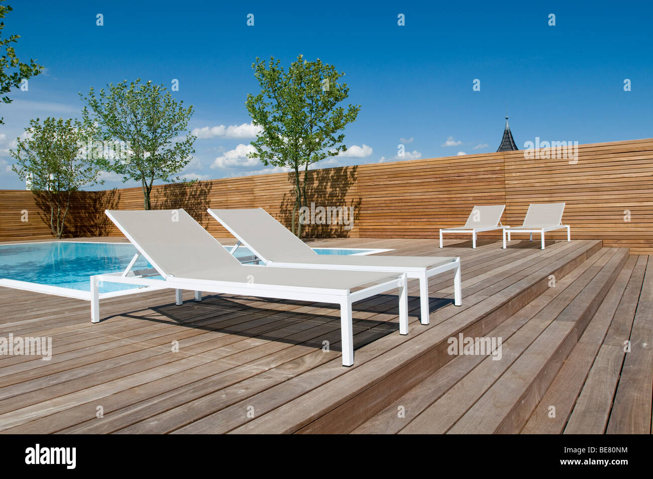 View at sunloungers at the deserted terrace under blue sky, Hotel Riva, Constance, Lake Constance, Baden-Wurttemberg, Germany Stock Photo