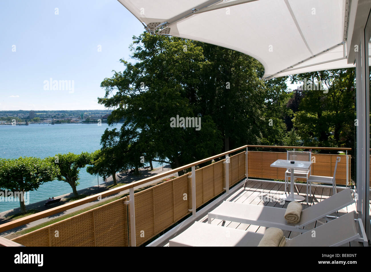A balcony with sunloungers and view at the lake Constance, Hotel Riva, Constance, Lake Constance, Baden-Wurttemberg, Germany Stock Photo