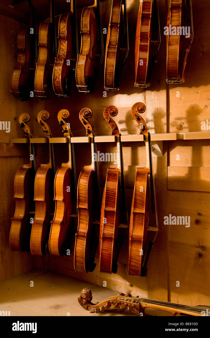 Close up of violins, Workshop of Bruce Carlson, Violin Makers, Cremona, Lombardy, Italy Stock Photo