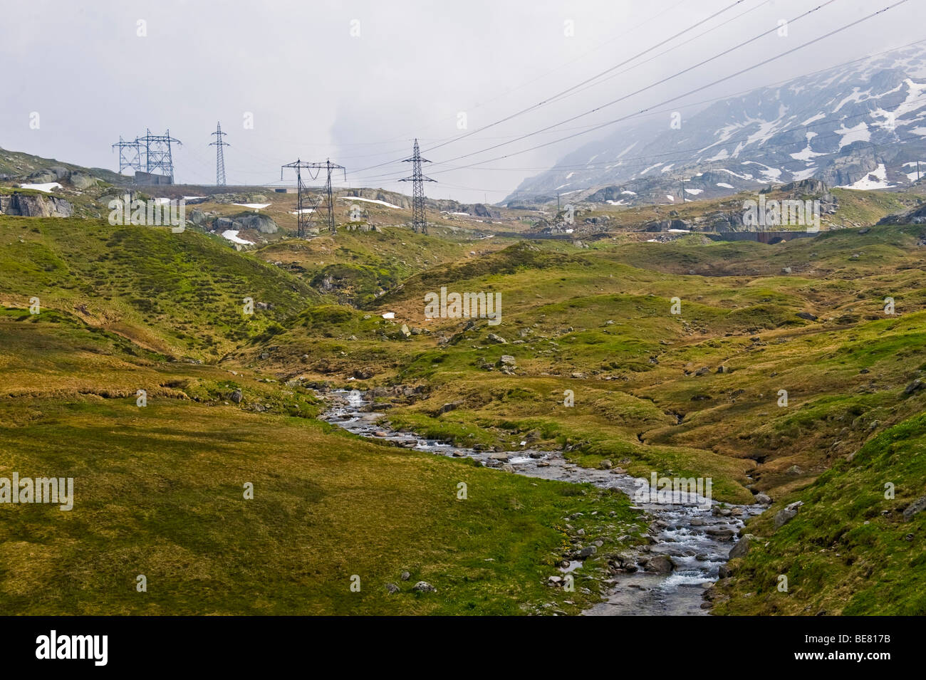 Mountain landscape with stream and, St. Gotthard Pass, Switzerland Stock Photo