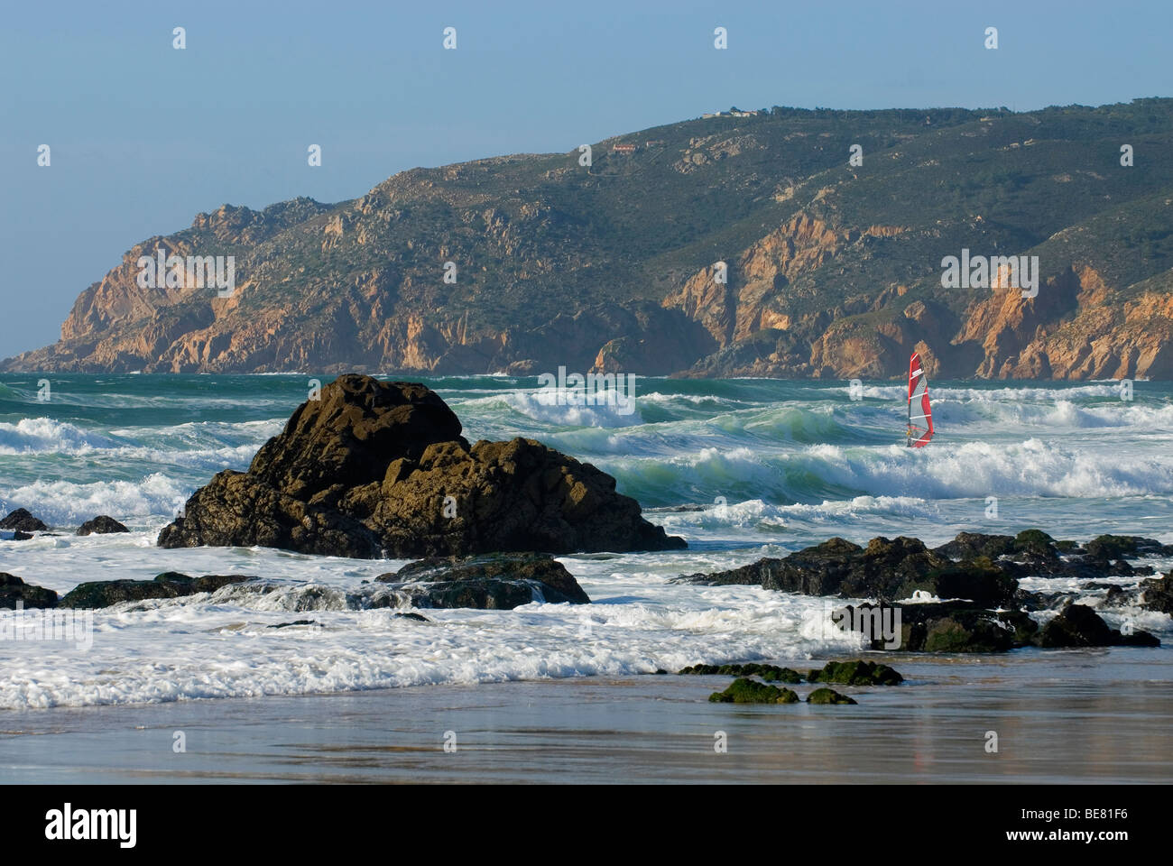 Windsurfer on Guincho Beach, Costa de Lisboa, Lisbon District, Estremadura, Portugal Stock Photo