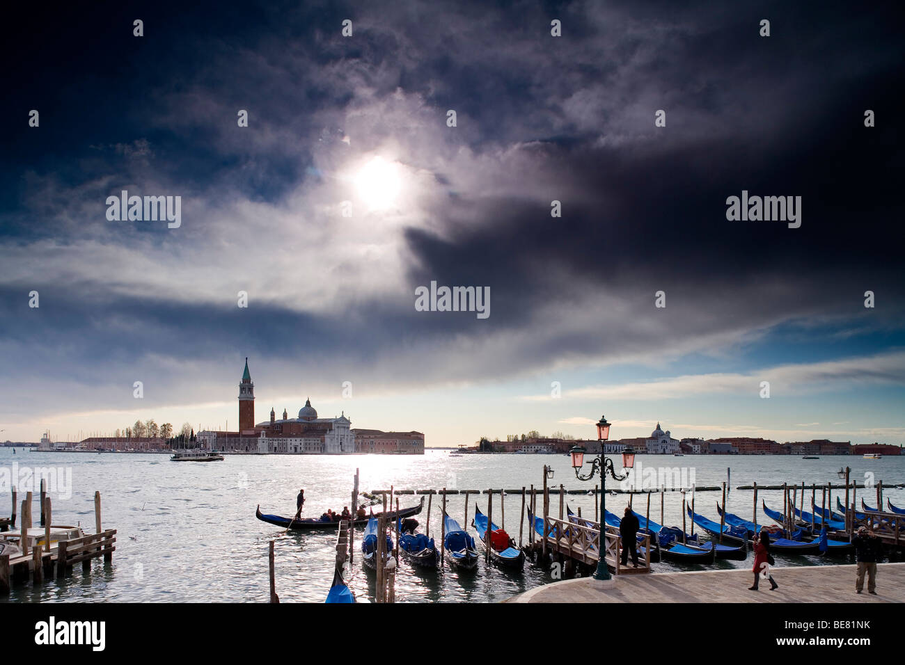 Quay at St Mark's Square with Gondolas and the view to San Giorgio Maggiore Island, Venice, Italy, Europe Stock Photo