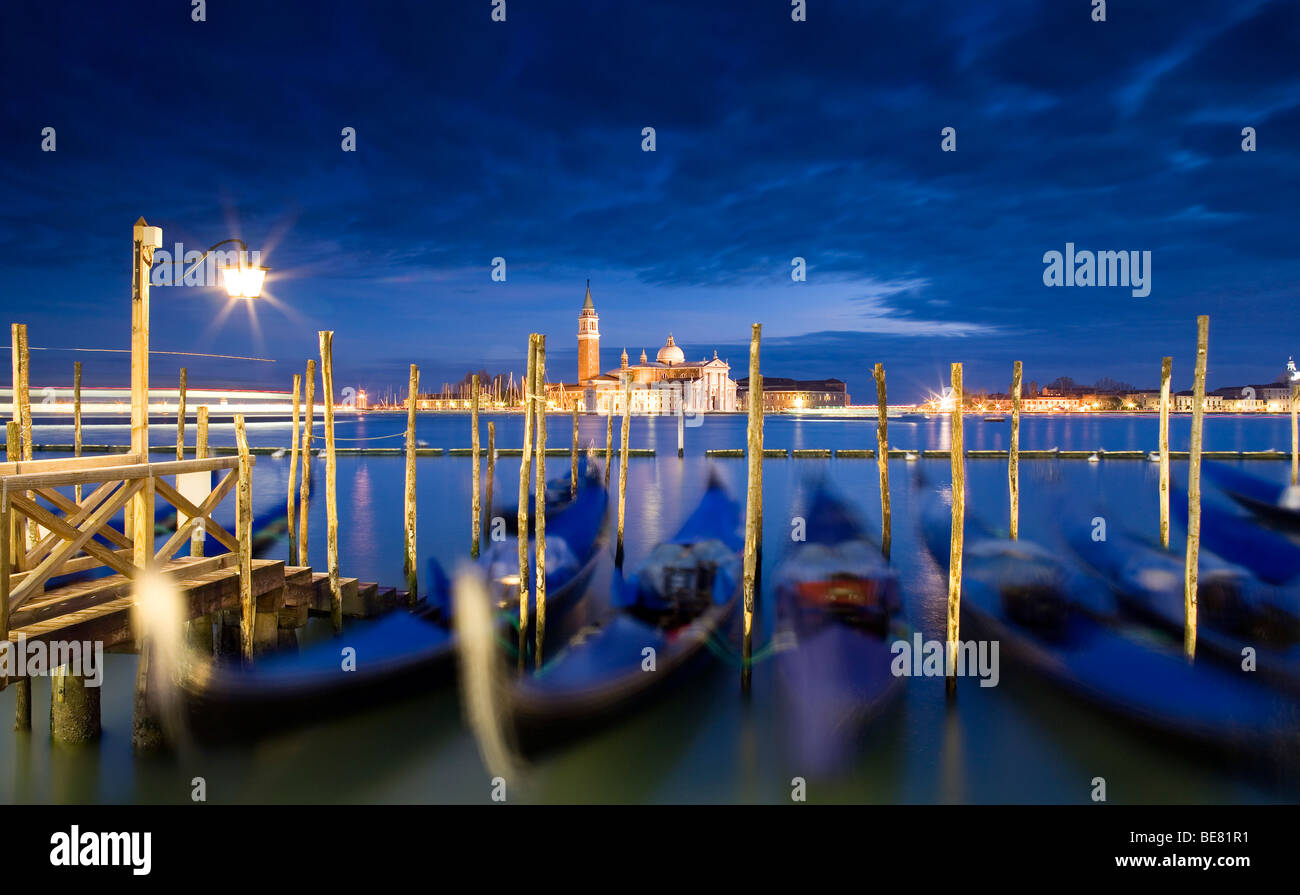 Quay at St Mark's Square with Gondolas and view towards San Giorgio Maggiore Island, Venice, Italy, Europe Stock Photo