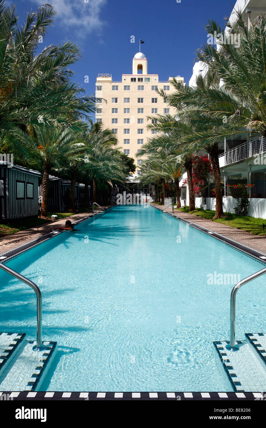 View at the swimming pool of the National Hotel in the sunlight, South Beach, Miami Beach, Florida, USA Stock Photo