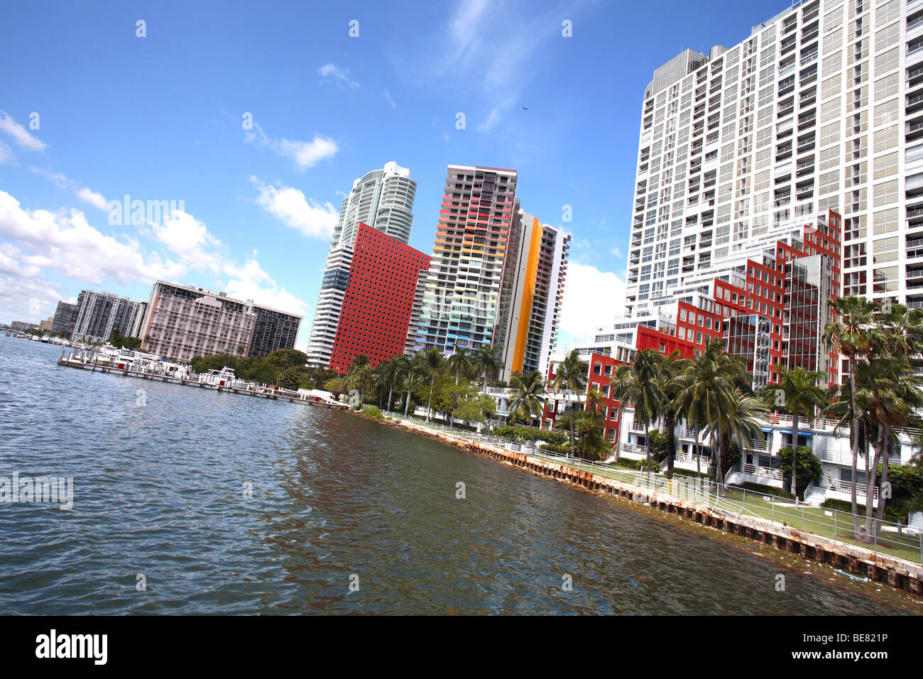 Exterior view of apartment buildings at a bay, Brickell Avenue condominiums, Biscayne Bay, Miami, Florida, USA Stock Photo