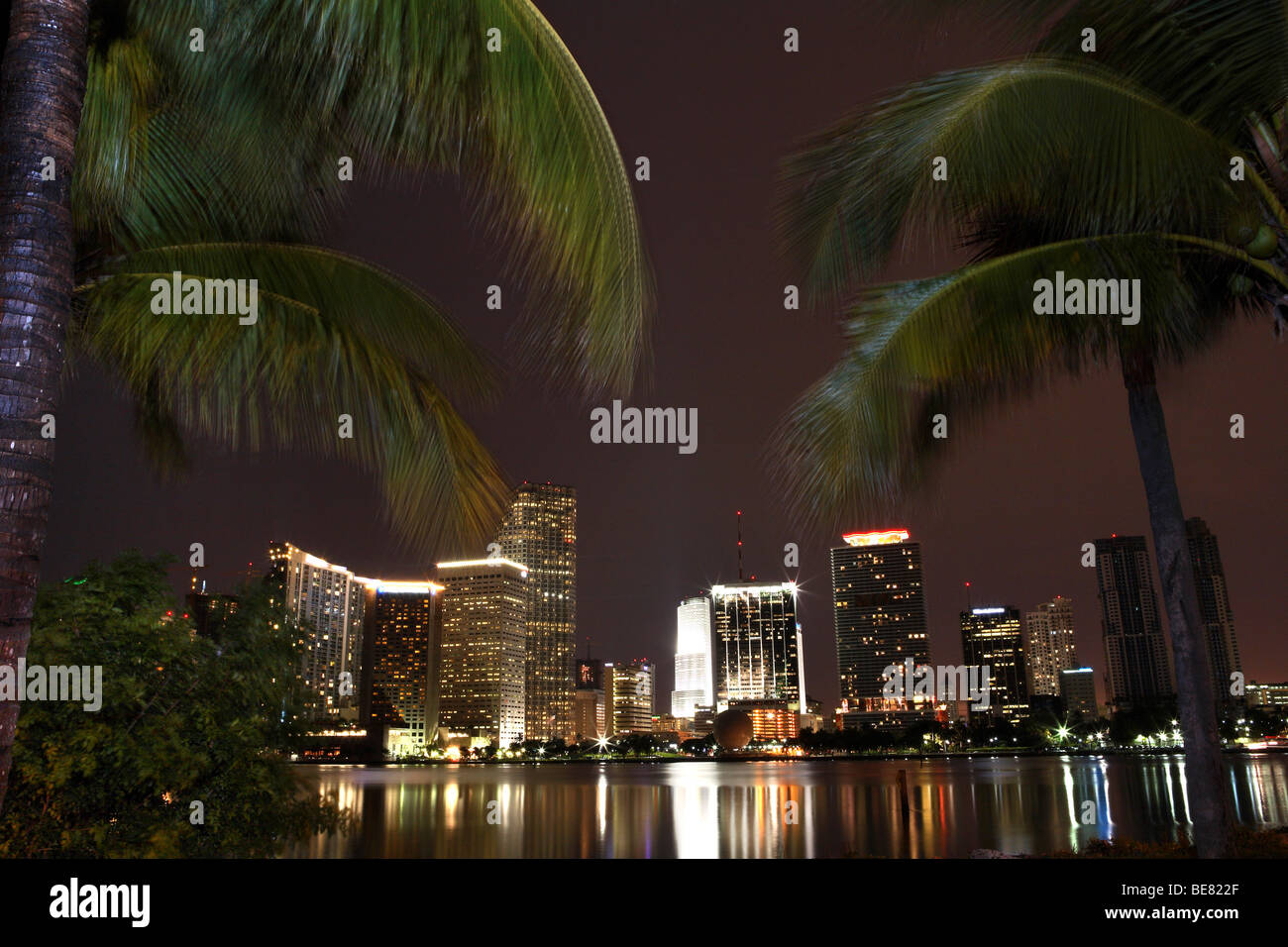 The illuminated high rise buildings at downtown at night, Miami, Florida, USA Stock Photo