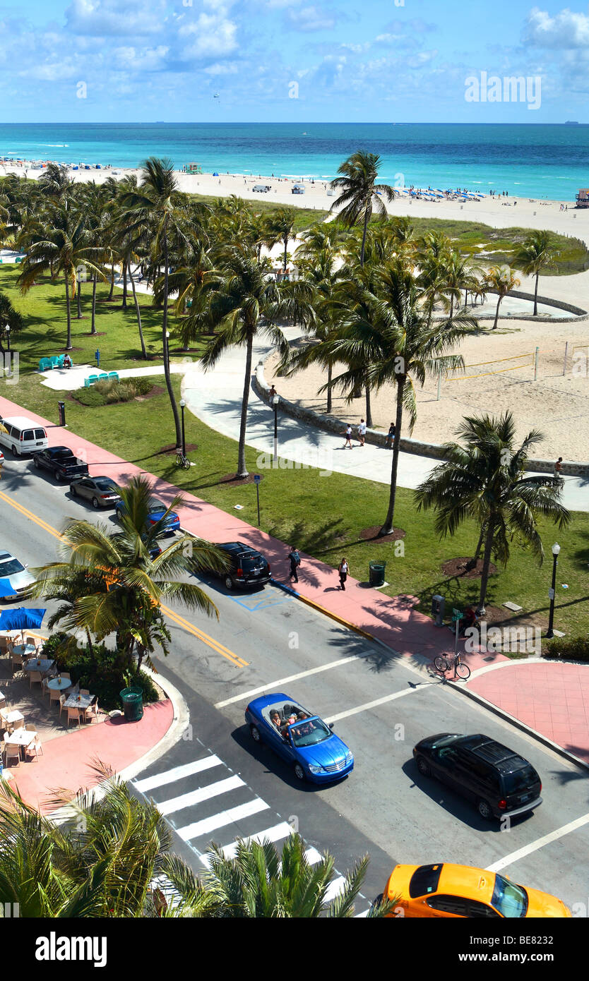 View at the Lummus Park and the beach, Ocean Drive, South Beach, Miami Beach, Florida, USA Stock Photo