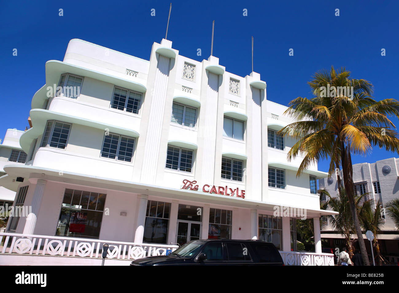The Carlyle Hotel on Ocean Drive under blue sky, South Beach, Miami Beach, Florida, USA Stock Photo