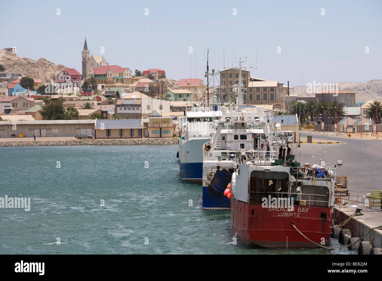 Fishing Boats and Town, Luederitz, Karas, Namibia, Africa Stock Photo