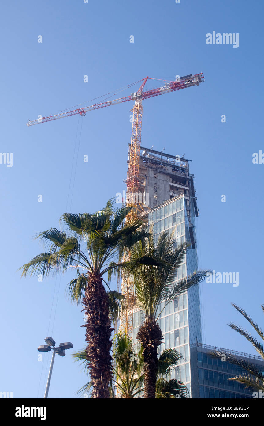 Middle East, Israel, Tel Aviv, Construction progresses in the Mideast Palm trees in the foreground Stock Photo