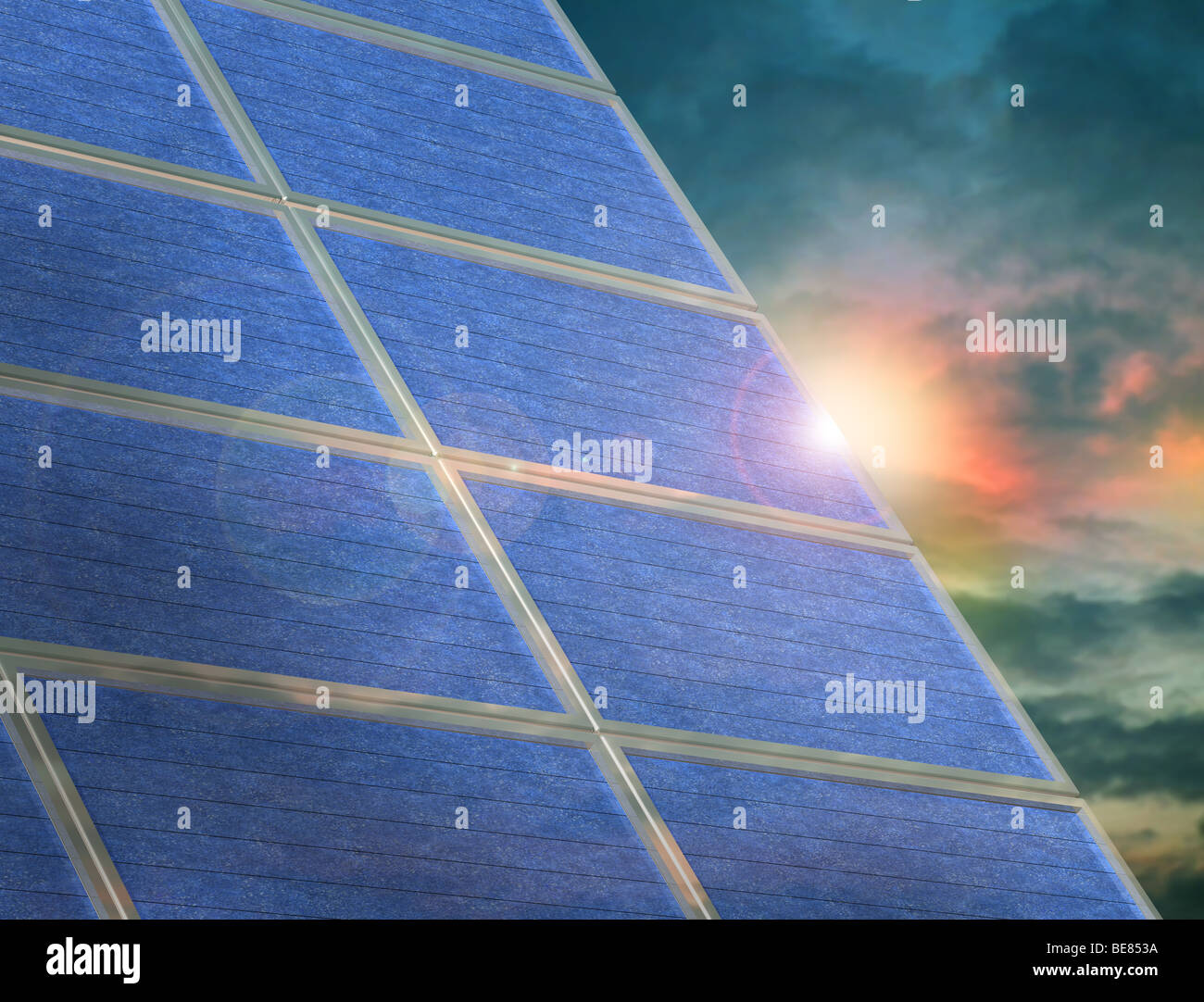 Illustration of a solar panel array at sunset Stock Photo