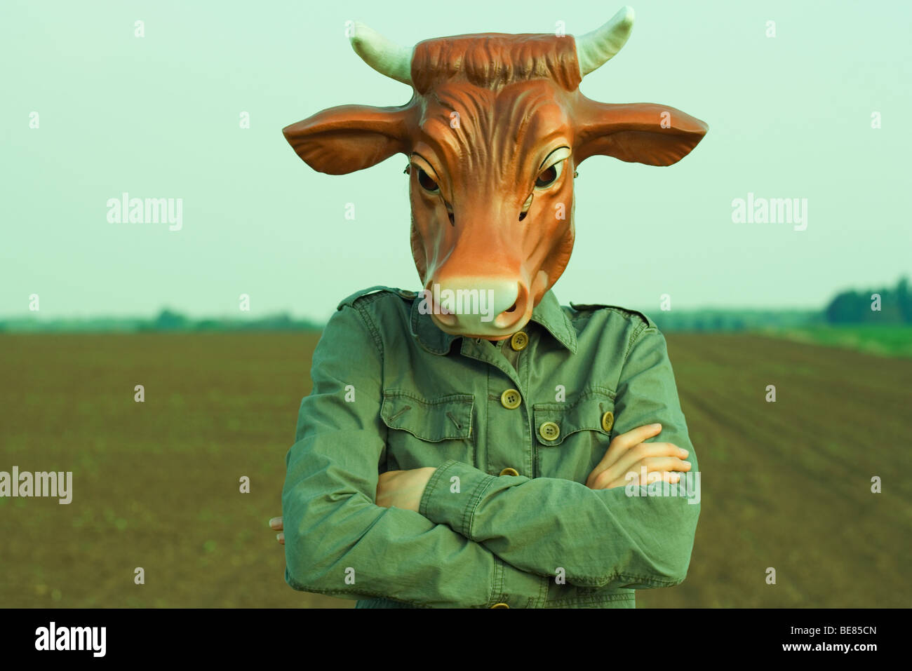 Person wearing bull mask, arms folded across chest Stock Photo