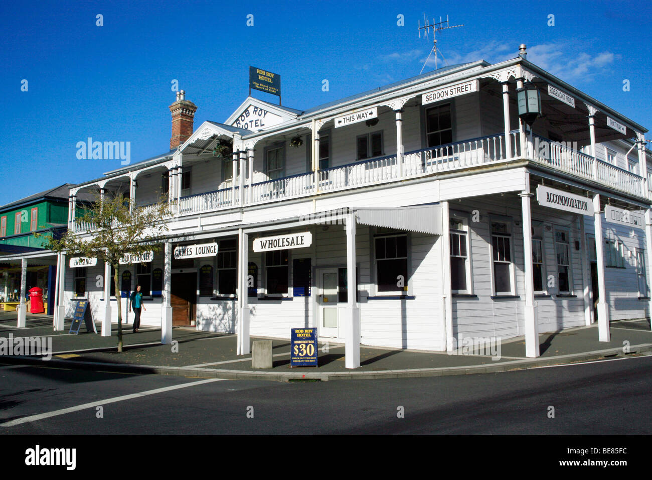The Rob Roy Hotel, Waihi, on State Highway Two, North Island, New Zealand. Waihi is the site of the Big Martha gold mine. Stock Photo