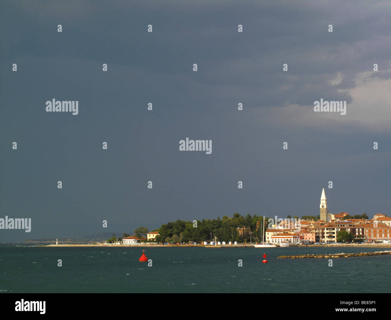 Stormy sky over the coastal resort town of Isola or Izola in Slovenia Stock Photo
