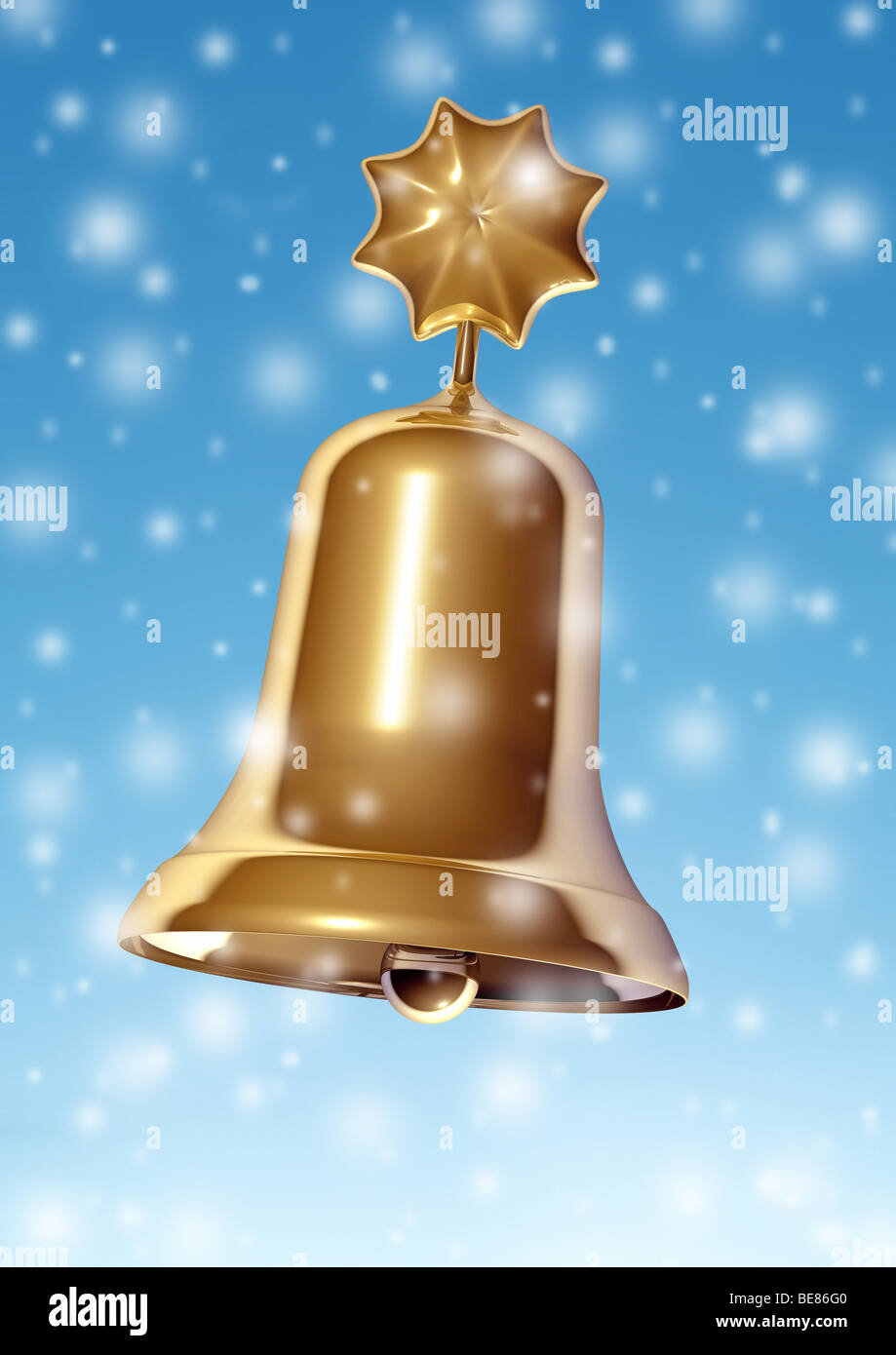 Shiny Golden Christmas Bell with snow in the blue sky Stock Photo