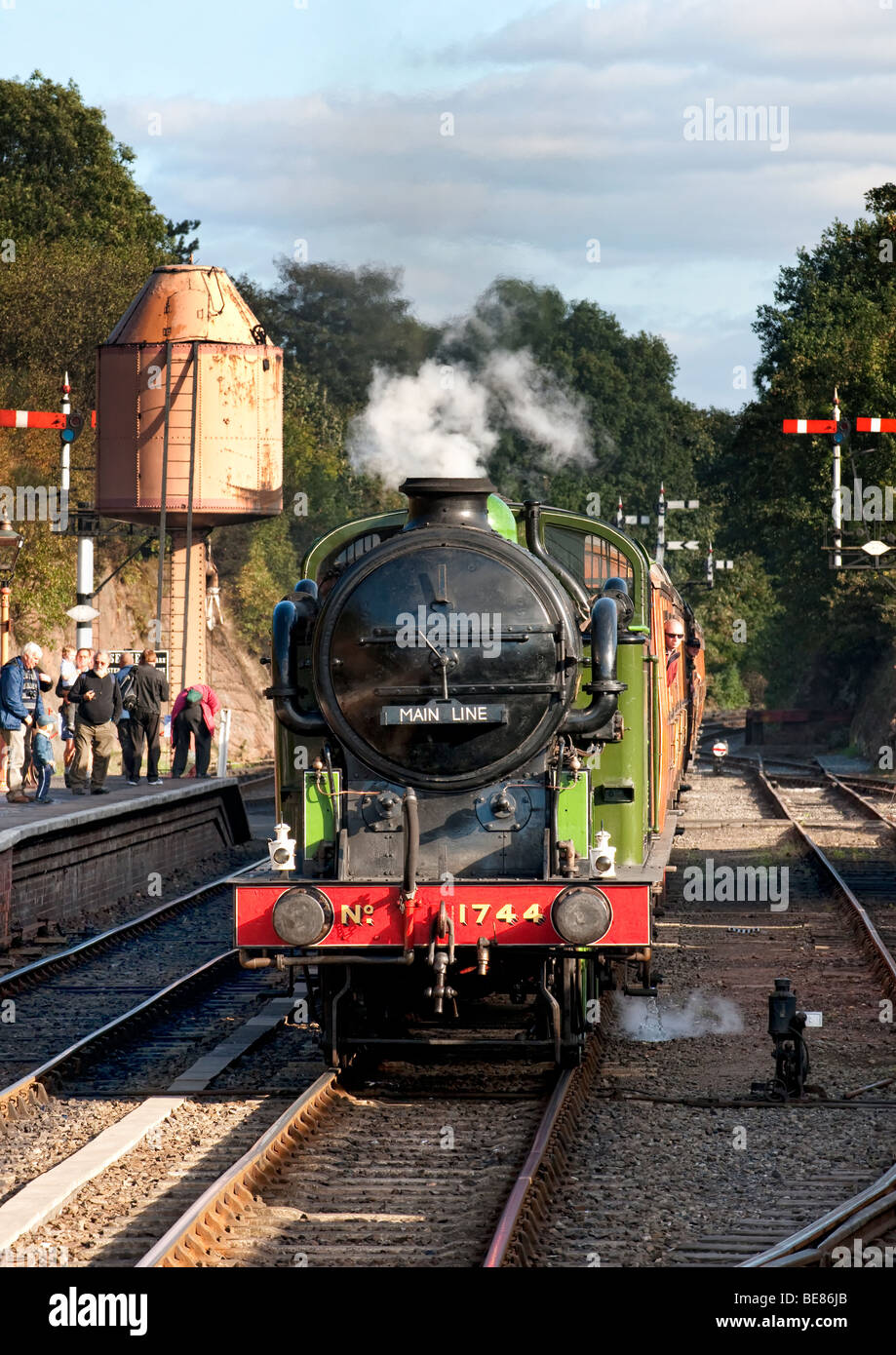 Steam locomotive entering Bewdley Station on the Severn Valley Railway Stock Photo