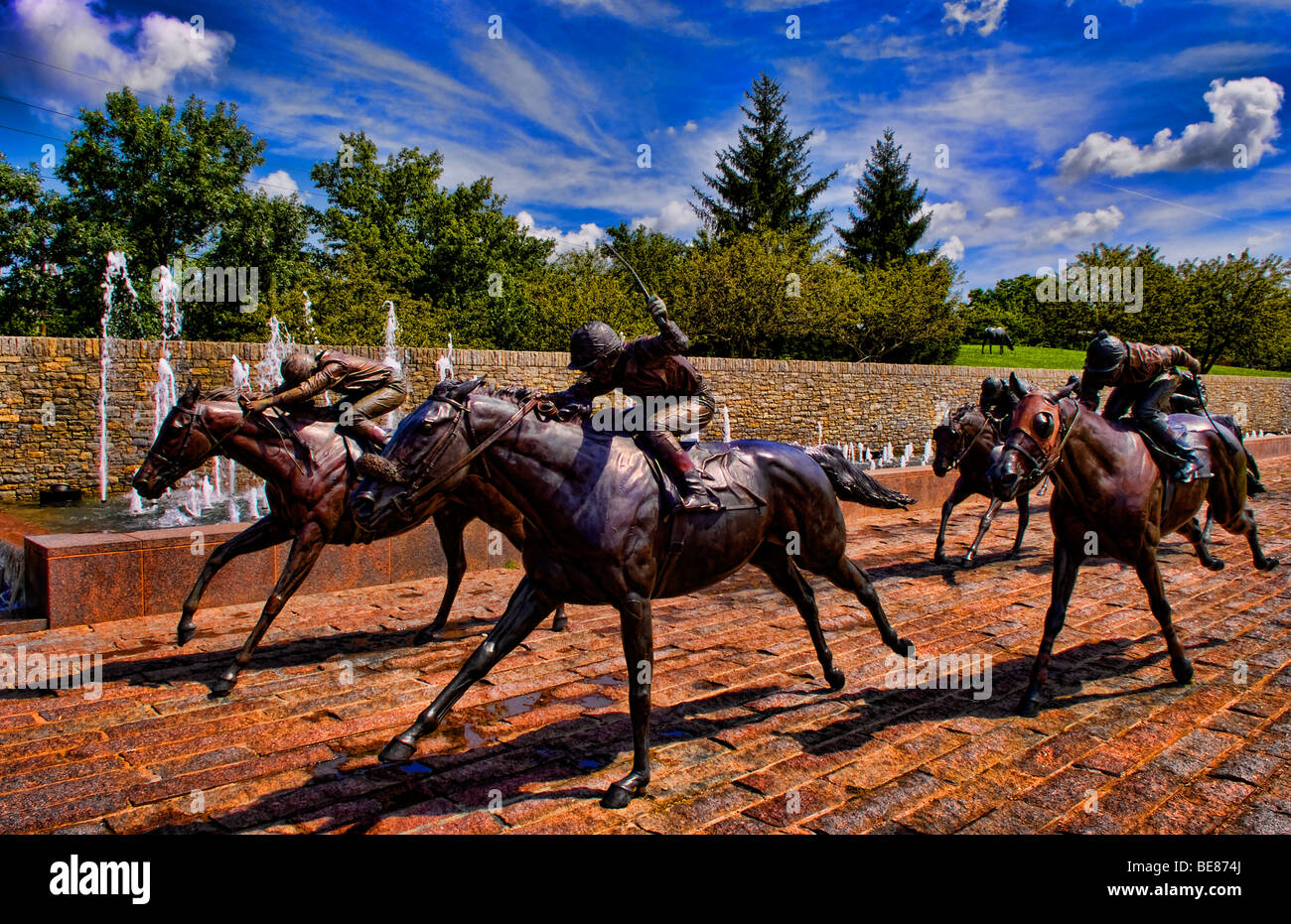 Bronze race horses statues in front of Thoroughbred Park in Lexington