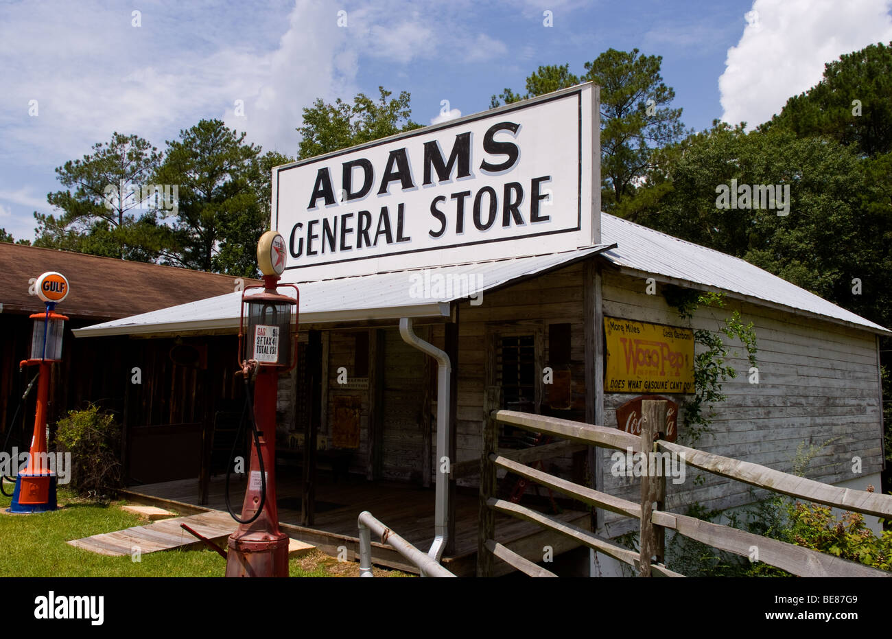 Old Adams General Store with gas pumps from 1915 in restored Pioneer