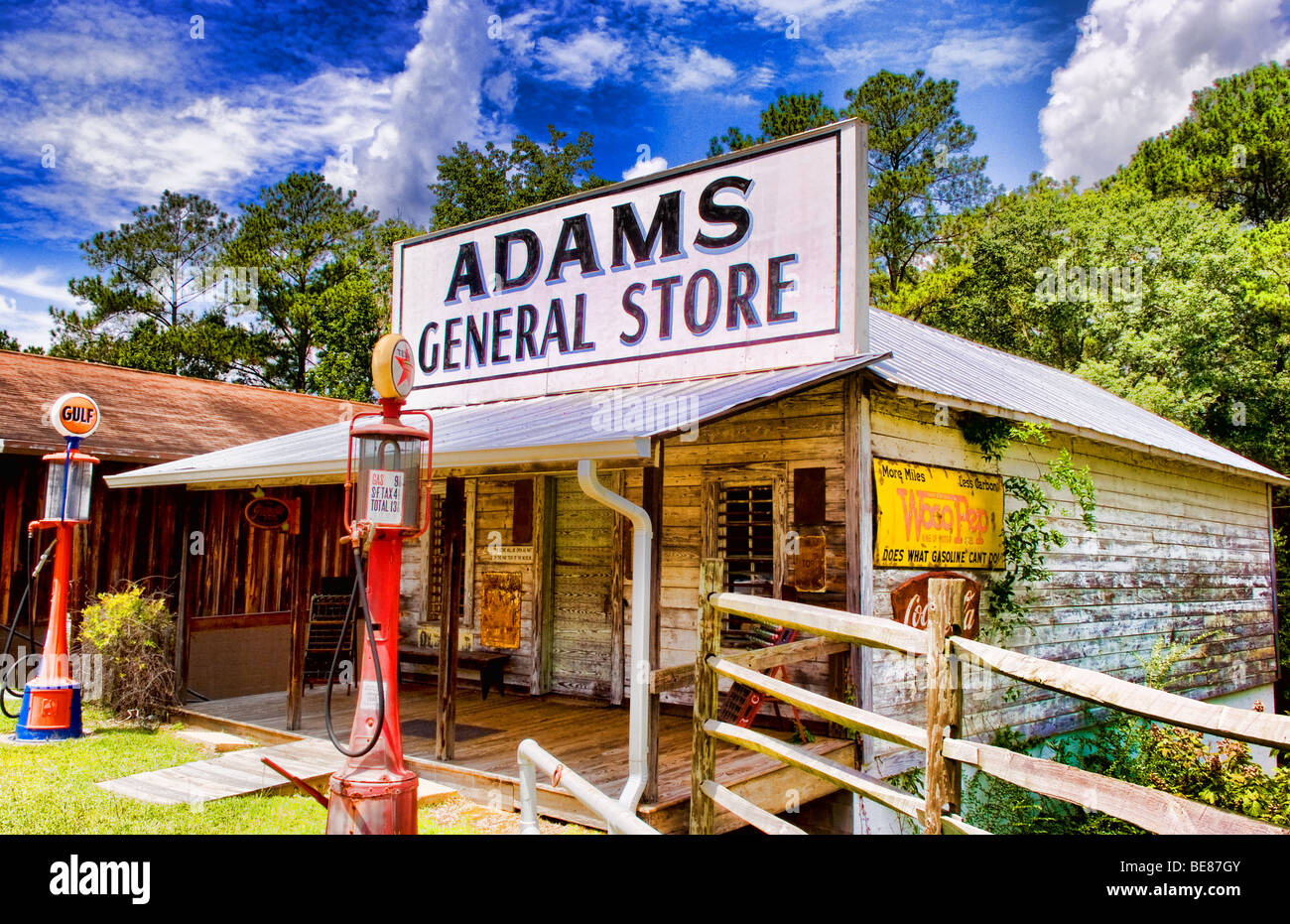 Old Adams General Store with gas pumps from 1915 in restored Pioneer