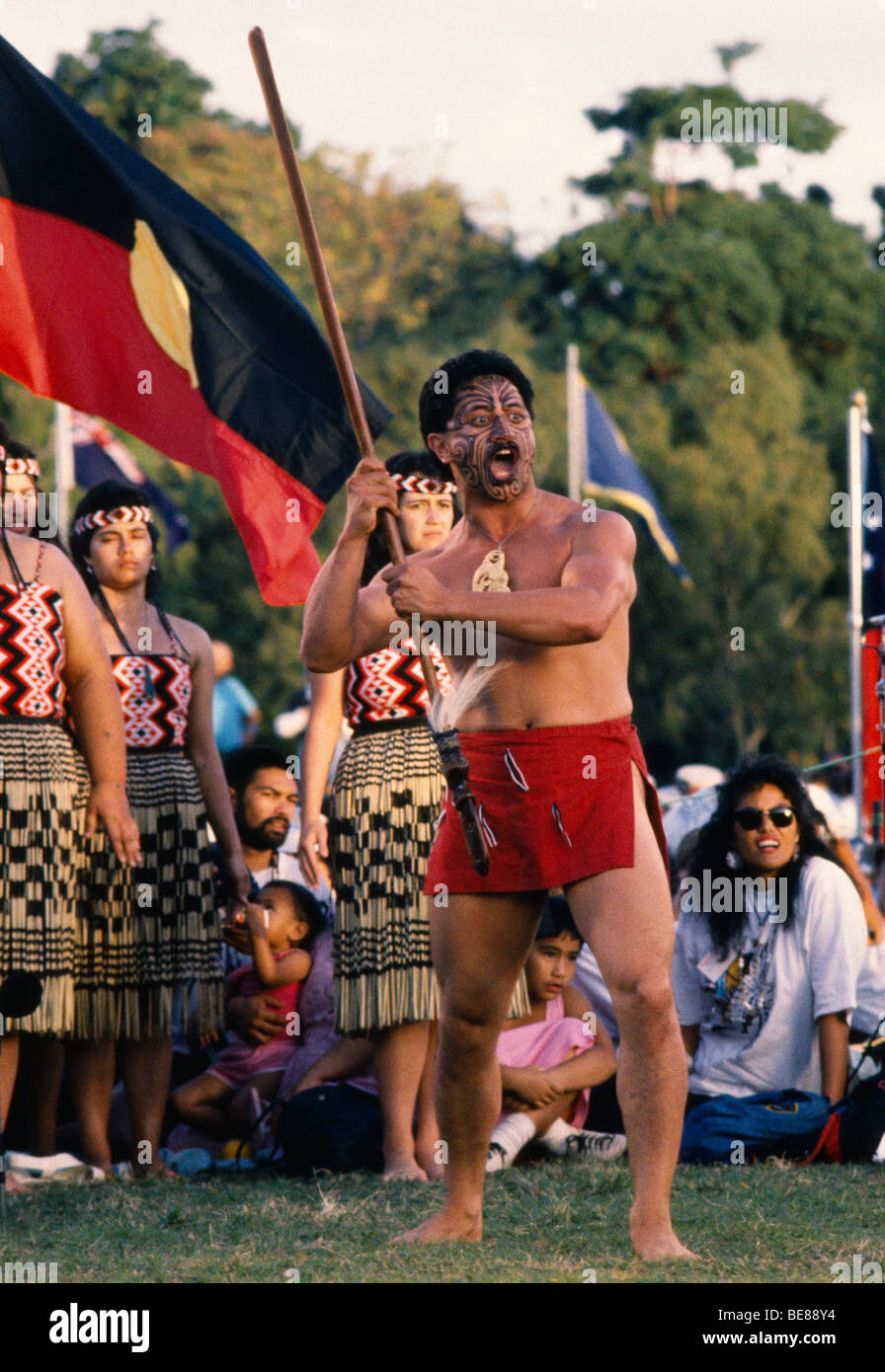 NEW ZEALAND Maori Man Haka War Dance Festival Stock Photo