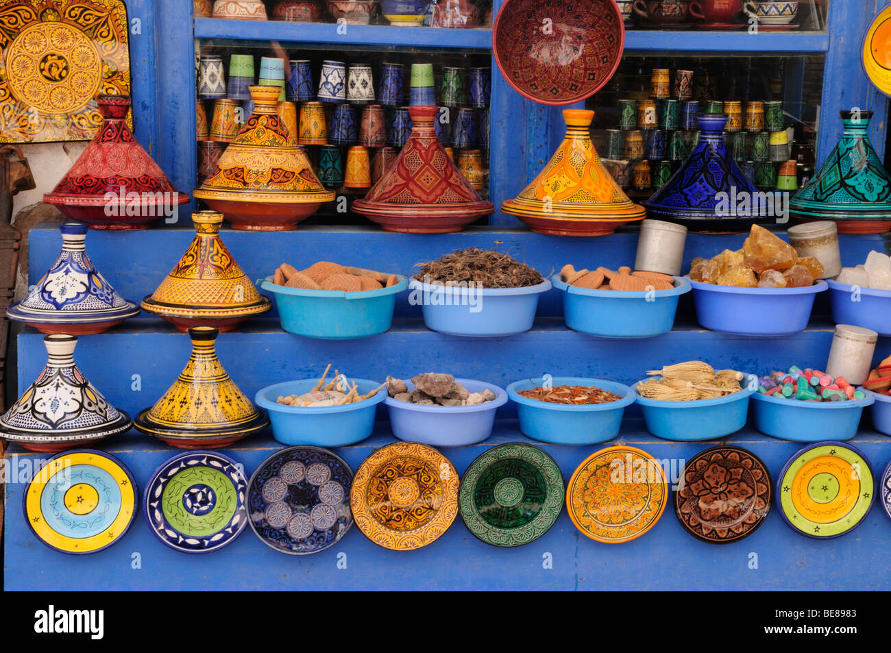 Ceramics and Spices for sale in Essaouira, Morocco Stock Photo