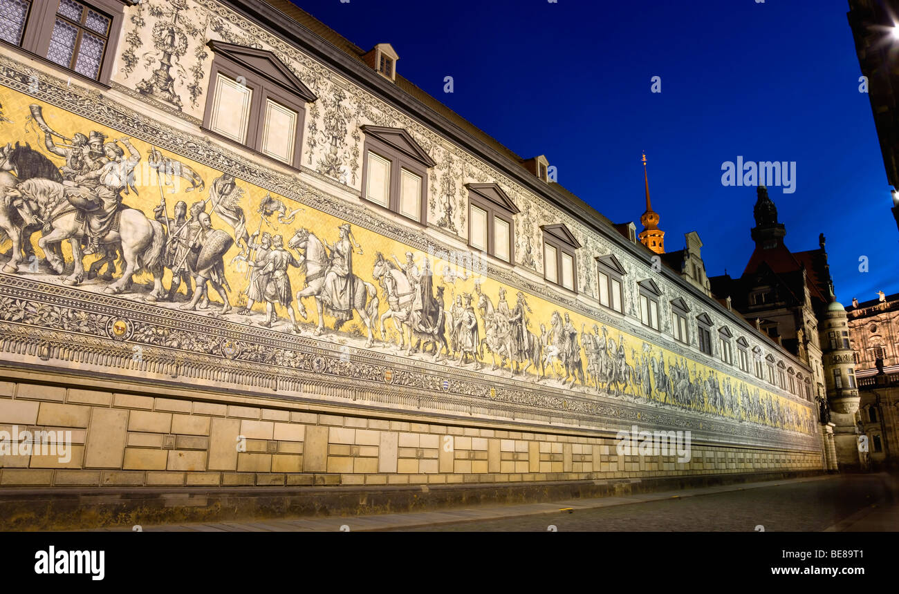 GERMANY Saxony Dresden Furstenzug or Procession of the Dukes in Auguststrasse a mural on Meissen tiles that depicts 35 noblemen Stock Photo