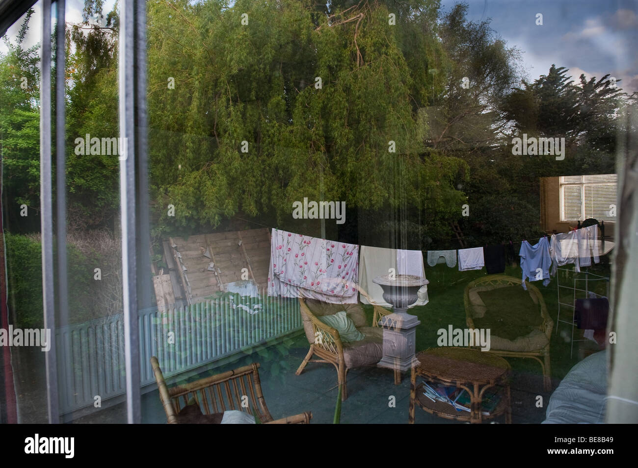 Reflections of a suburban garden in south county Dublin Ireland in a