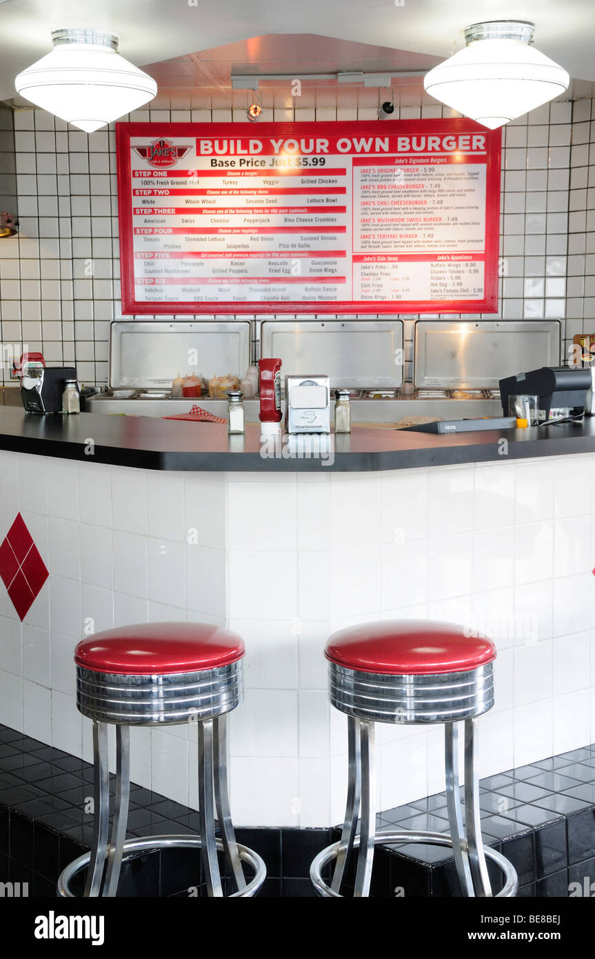 USA, California, Los Angeles, Jake's Burger Diner in Old Pasadena. Red