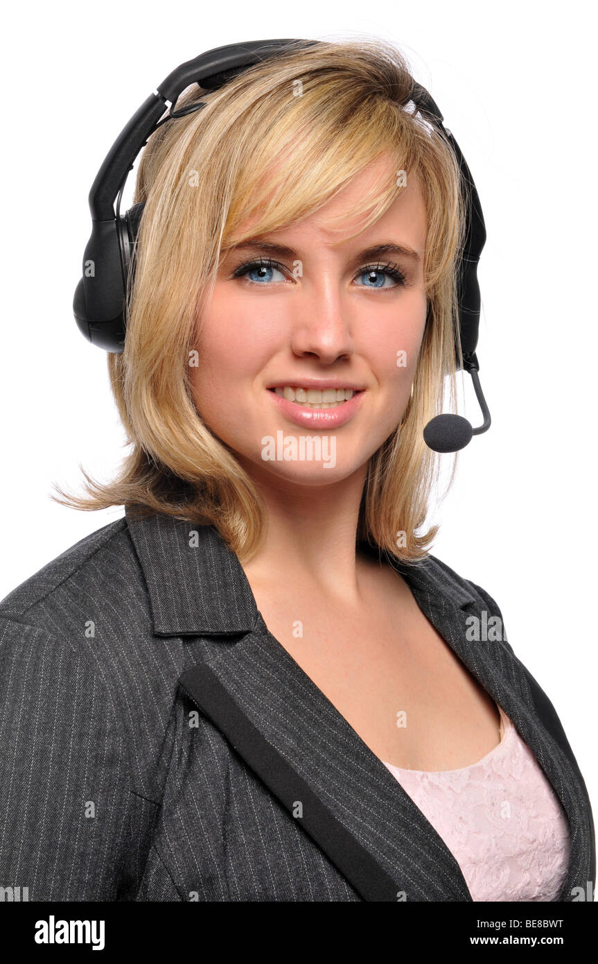 Young customer service representative smiling wearing headphones Stock Photo