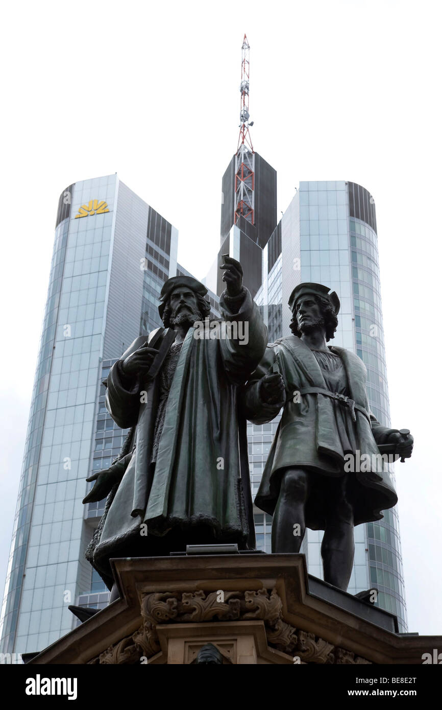 Johannes Gutenberg monument on the Rossmarkt square with the headquarters of the Commerzbank bank in Frankfurt, Hesse, Germany, Stock Photo