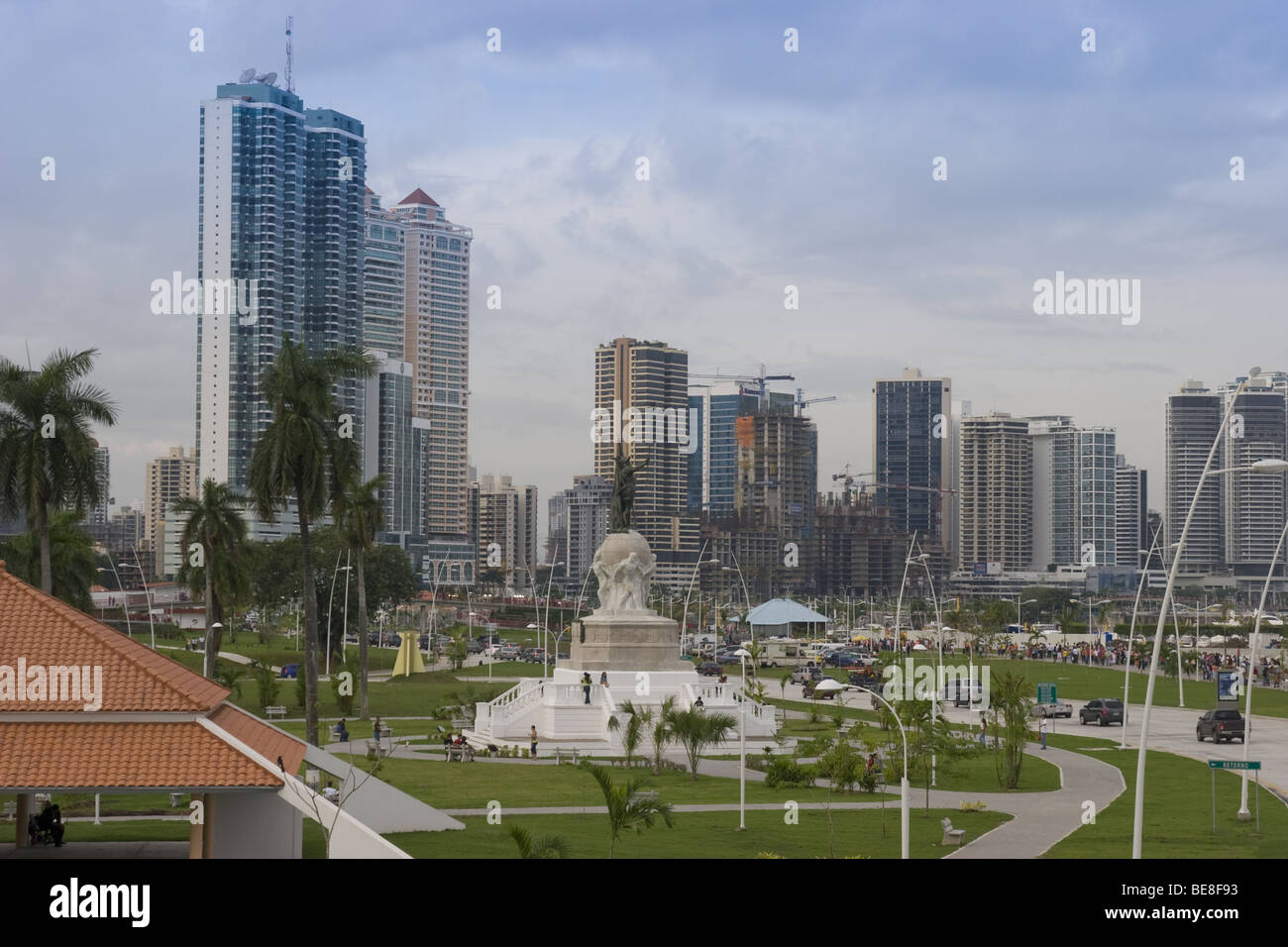 Vasco Nuñez de Balboa memorial with Panama City's skyline as a background. Coastal Beltway, Republic of Panama, Central America Stock Photo