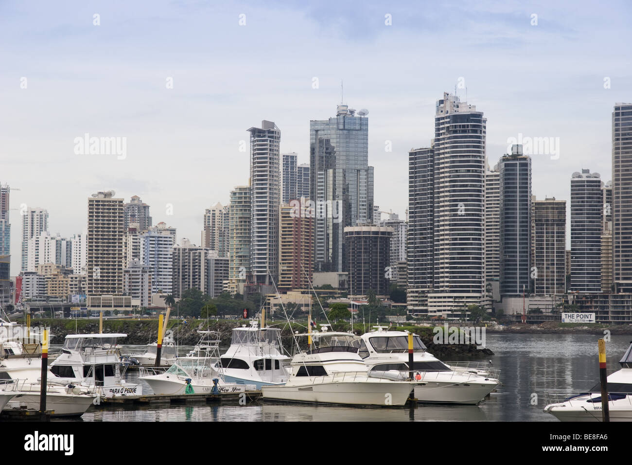 Hotel Intercontinental Miramar Marina with Panama City's skyline in the background, Republic of Panama, Central America Stock Photo