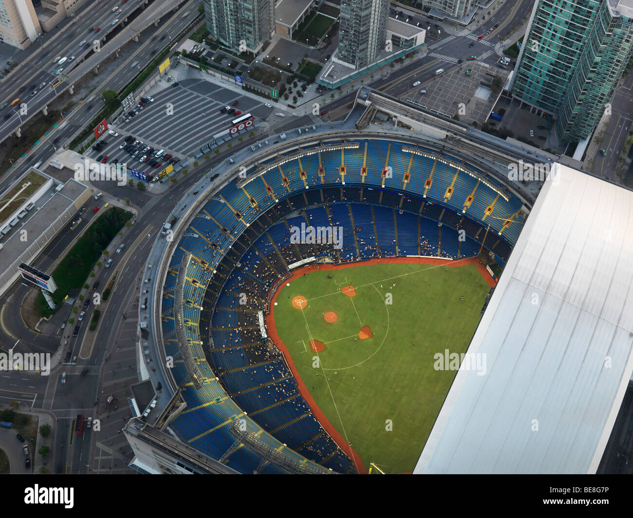 Aerial view of Toronto Rogers Centre being prepared for a baseball game