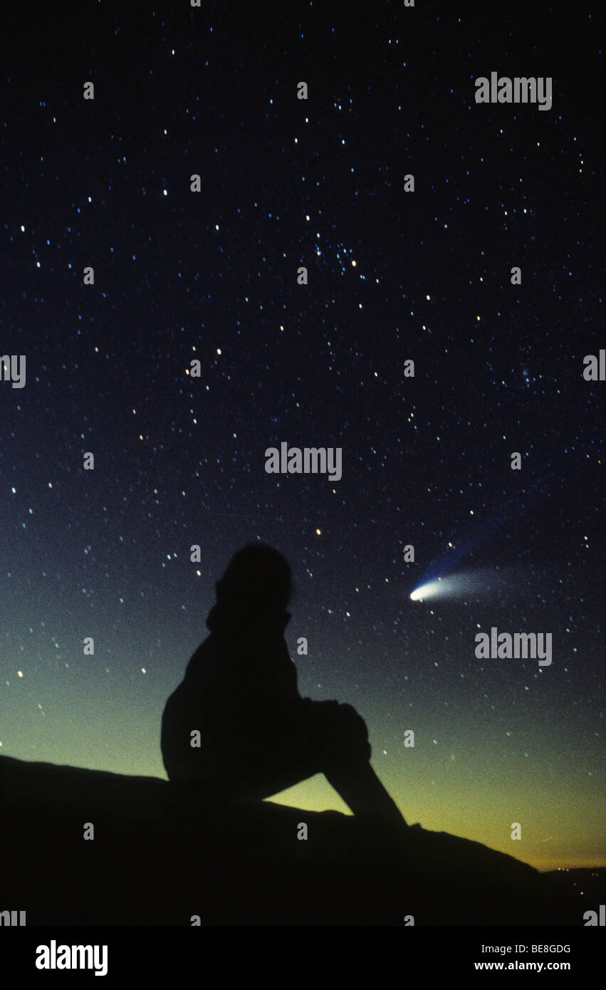 Silhouette Of Woman Watching Comet Hale Bopp, Cuyamaca State Park, California Stock Photo