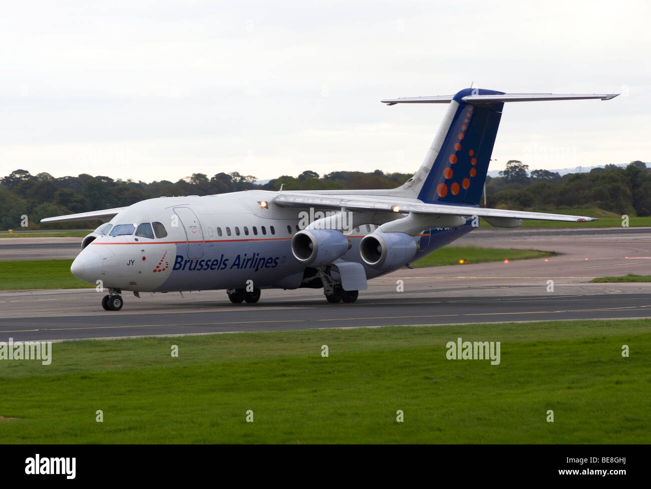 Brussels Airlines Avro RJ85 BAe 146 Jet Airliner Taxiing at Manchester Ringway Airport After Landing England United Kingdom Stock Photo