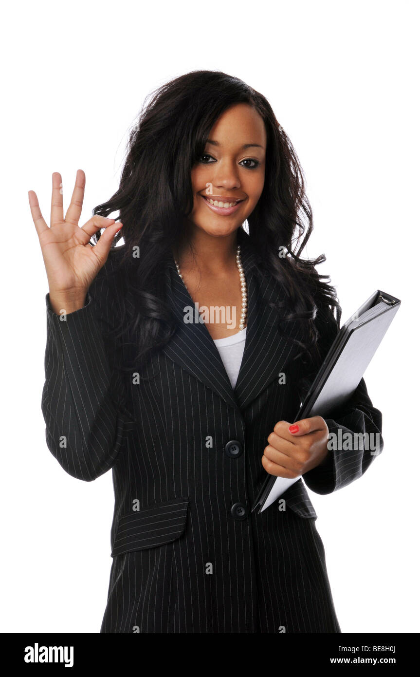 Beautiful young african american businesswoman smiling isolated on ...
