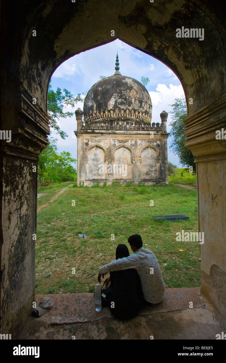 Young Couple at the Qutb Shahi Tombs in Golconda in Hyderabad India Stock Photo