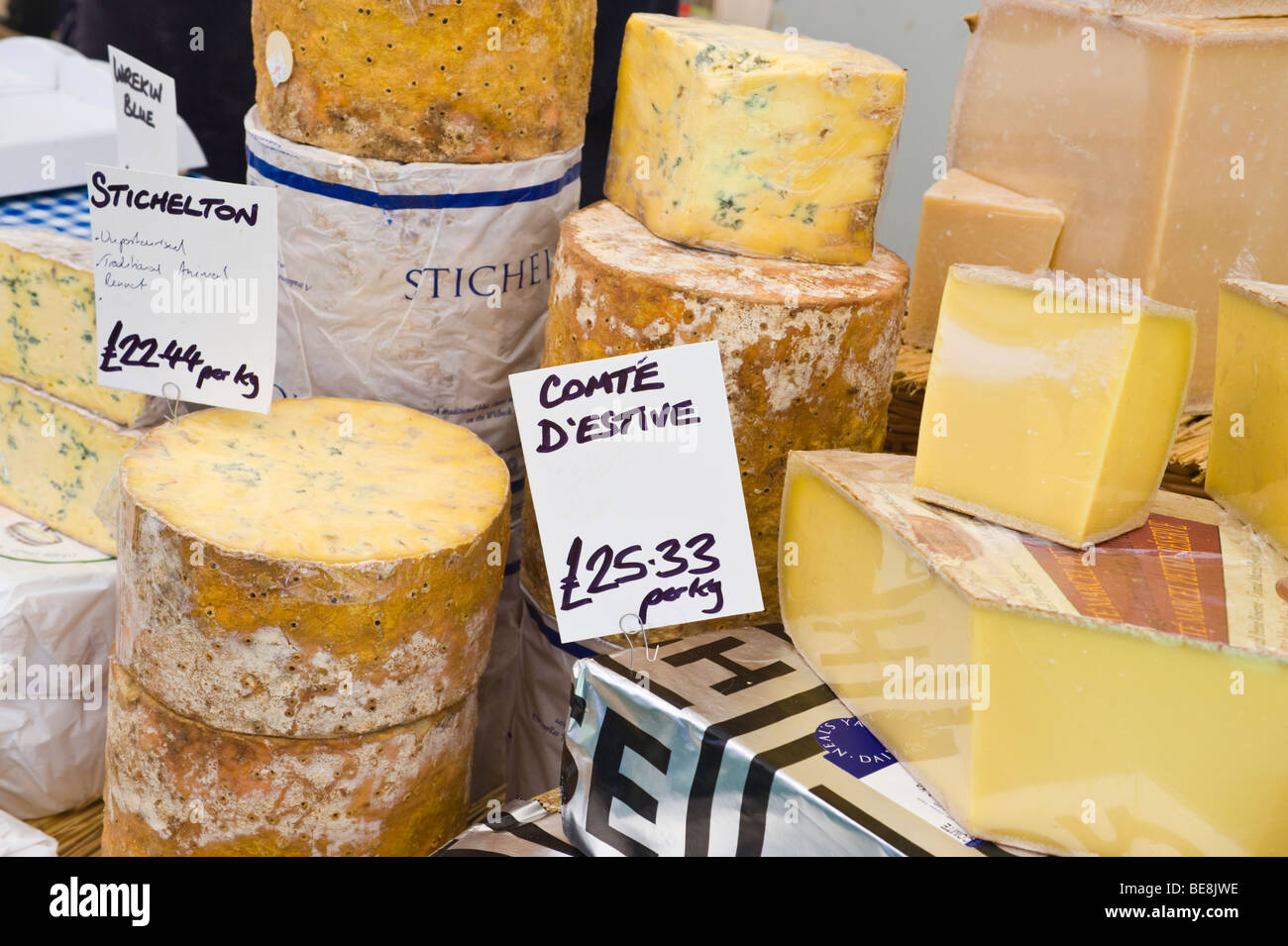 Selection of cheese for sale on specialist stall at Ludlow Food Festival Shropshire England UK Stock Photo