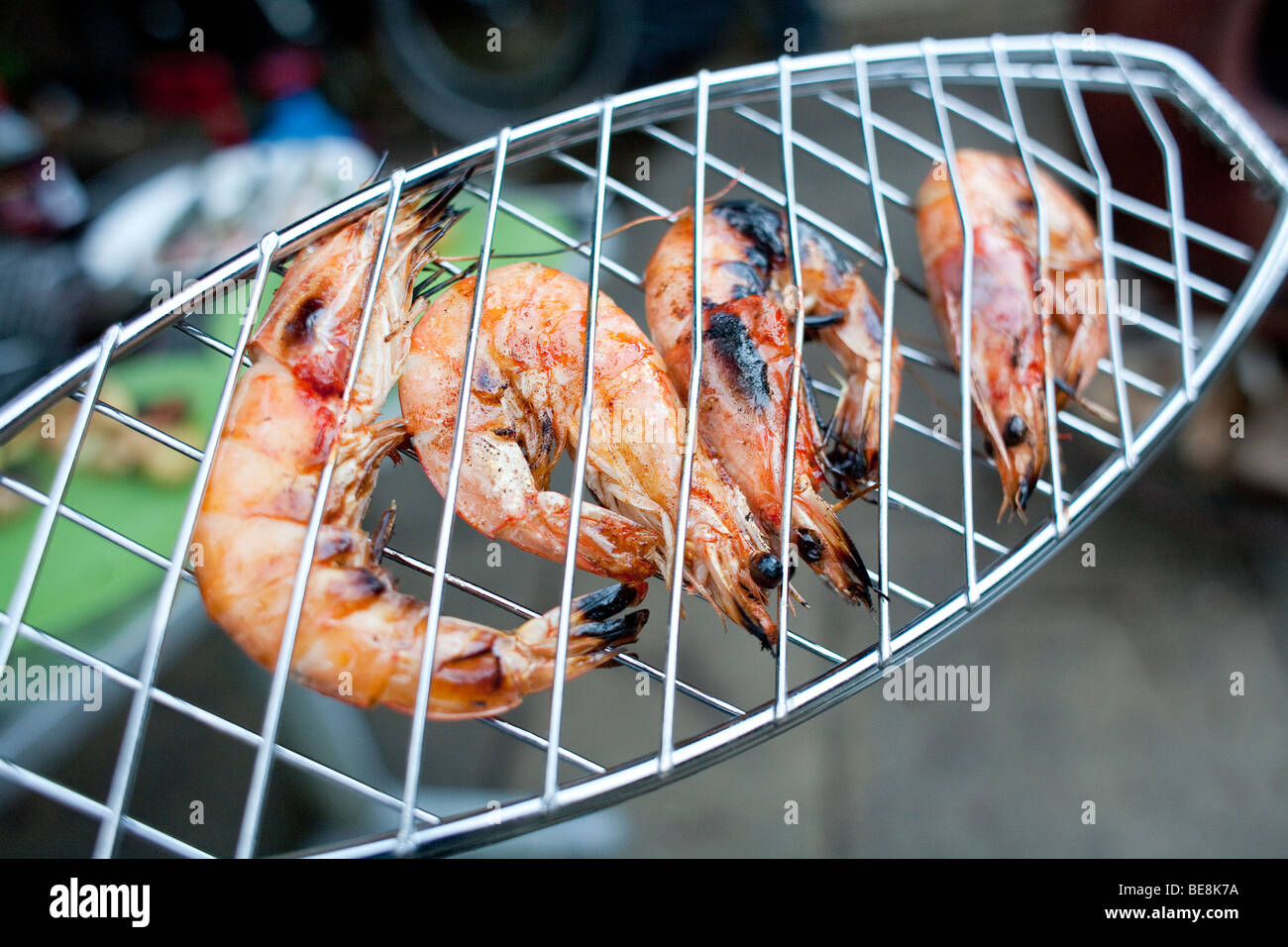 King prawns in barbeque grill Stock Photo